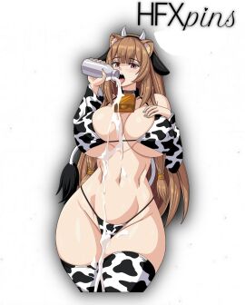 breasts brown_hair cosplay cow_bell cow_horns cow_print cow_print_bikini cow_tail female hfxpins lactation milk milk_bottle milk_on_body milk_on_breasts raccoon_ears raphtalia tate_no_yuusha_no_nariagari the_rising_of_the_shield_hero