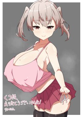 ayu_jiro bellybuton big_breasts breasts cleavage collarbone female huge_breasts large_breasts pleated_skirt shortstack twintails