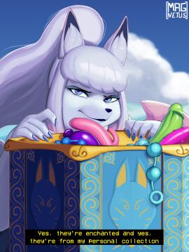 2025 anal_beads anal_plug anthro biped box buttplug canid canine claws cloud container digital_media_(artwork) dildo female female_anthro finger_claws fox fur hair hi_res inner_ear_fluff looking_at_viewer magnetus mammal pink_dildo pink_hair plug_(sex_toy) sex_toy solo talking_to_viewer tuft white_body white_fur white_inner_ear_fluff