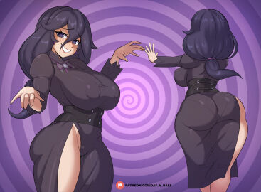 1girls ass ass_in_dress big_ass big_breasts black_hair breasts bubble_ass bubble_butt busty daf_n_half dress fat_ass female female_only front_view game_freak goth goth_girl hex_maniac hex_maniac_(pokemon_legends:_z-a) huge_breasts large_ass large_breasts milf nintendo nipple_bulge pantylines pokemon pokemon_legends:_z-a purple_background purple_theme rear_view solo thick_ass thick_thighs wide_hips