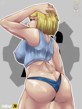1girls blonde_hair blue_eyes clothing crop_top erect_nipples fallout female from_behind hand_on_head nipples panties short_hair underwear vault_girl vault_suit visible_nipples
