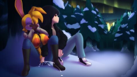 absurd_res anthro archie_comics aurora_(phenomenon) big_breasts bodily_fluids bored breasts bunnie_rabbot cappulait covering covering_mouth duo ejaculation erect_nipples fappuccino female fingering genital_fluids hi_res human lagomorph leporid looking_away male male/female mammal nipples pussy pussy_ejaculation rabbit sega snow sonic_(series) sonic_the_hedgehog_(archie) sonic_the_hedgehog_(comics) sonic_the_hedgehog_(series) vaginal_fluids white_park winter winter_clothing