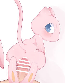 anthro anus biped blue_eyes blush bodily_fluids duo erection female flat_chest flat_chested generation_1_pokemon genitals glans hand_on_hip hi_res himimi humanoid_genitalia humanoid_penis legendary_pokemon looking_at_viewer looking_back looking_back_at_viewer male male/female mew mew_(pokemon) nintendo penis pink_body pink_tail pokemon pokemon_(species) rear_view simple_background sweat sweatdrop tail white_background yellow_body