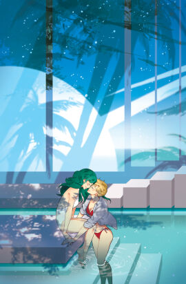 2girls alluring aquamarine_hair bikini bishoujo_senshi_sailor_moon blonde_hair canon_couple closed_eyes couple female green_hair hakuku haruka_tenou highres imminent_kiss long_hair love michiru_kaiou multiple_females multiple_girls one-piece_swimsuit one_piece_swimsuit open_shirt pixie_cut pool red_bikini romantic romantic_ambiance romantic_couple sitting smile standing swimming_pool swimsuit two-piece_swimsuit wading water yuri