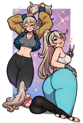 akairiot ass ass_focus corrin_(fire_emblem) corrin_(fire_emblem)_(female) feet female female_focus female_only fire_emblem fire_emblem_fates flexing flexing_bicep grey_hair headband jacket nintendo red_eyes stirrup_legwear yoga yoga_pants