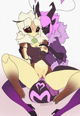 2021 2d 2girls antennae_(anatomy) anthro areola arthropod arthropod_abdomen arthropod_abdomen_genitalia artist_name biped blonde_hair bodily_fluids bottomless breasts chair_position clothed clothed_sex clothing digital_media duo erect_nipples exoskeleton female female/female female_only female_penetrated female_penetrating female_penetrating_female flat_colors fluffy_clothing footwear from_behind_position furry genitals hi_res high_heels horn insects mostly_nude multiple_females multiple_girls navel nipples non-mammal_breasts non-mammal_navel non-mammal_nipples one_breast_out ovipositor_penetration penetration pink_hair proxicute purple_body segmented_body sex simple_background slim_female spread_legs spreading stomach_bulge sweat thick_thighs topwear topwear_only wardrobe_malfunction yellow_body yuri