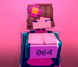 3d_(artwork) alternate_breast_size big_cleavage blocky_body breasts choker cleavage cleavage_focus cubic_breasts female huge_breasts jenny_belle_(slipperyt) massive_breasts minecraft navel slipperyt solo square_breasts squid_game unamused