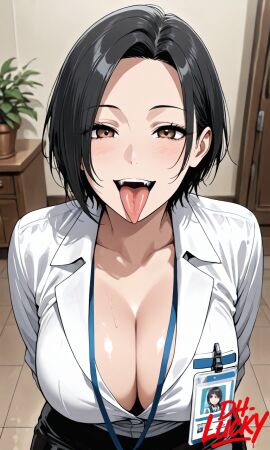 1girls ai_generated ass big_ass big_breasts big_penis black_hair blush breasts breasts_out cleavage dh_lucky female kaede_muramata large_breasts male milf muramata-san_no_himitsu office office_lady open_shirt open_smile penis short_hair slave solo solo_female solo_focus split_tongue