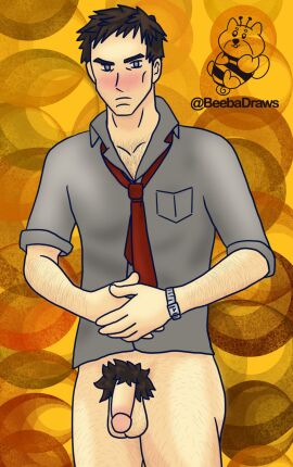 atlus balls bara beard_stubble beebadraws blush blushing_at_viewer brown_hair brown_pubes brown_pubic_hair dojima_ryotaro facial_hair grey_shirt hairy hairy_arms hairy_chest hairy_legs hairy_male half-dressed half_naked light-skinned_male light_skin looking_at_viewer male male_only megami_tensei penis persona persona_4 persona_4_the_golden pubes pubic_hair red_tie ryotaro_dojima stubble testicles watch yaoi