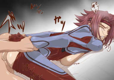 against_floor breasts censored clothed_female_nude_male code_geass female floor_sex grabbing_arms kallen_stadtfeld kyabakurabakufu large_breasts male movement_lines red_hair rough_sex sex short_hair text