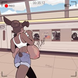 big_breasts breasts clothed clothing clothing_lift empskit female flashing hi_res huge_breasts hyper hyper_breasts indecent_exposure marlena_(empskit) public recording shirt shirt_lift topwear train train_station vehicle