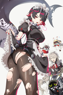 2girls alexandrina_sebastiane ass bangboo_(zenless_zone_zero) black_hair breasts candy clothes_lift colored_inner_hair ellen_joe female fins fish_tail food frilled_wristband gloves hair_between_eyes highres holding holding_candy holding_food large_breasts long_hair looking_back lucio_(luci0_52) maid maid_headdress metal_hairband mole mole_on_arm mole_under_eye multicolored_hair multiple_females multiple_girls pantyhose red_nails scar scar_on_tail shark_girl shark_tail skirt skirt_lift spiked_headband tail torn_clothes torn_pantyhose zenless_zone_zero