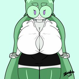 1girls animated animated_gif areolae big_breasts bit_(zedrin) breasts bursting_breasts bursting_clothes busty button_pop cleavage female female_only gif green_hair huge_breasts jiggle jiggling_breasts large_breasts looking_at_viewer massive_areolae massive_breasts no_bra office_lady original robot robot_girl shirt skirt solo thick_thighs wide_hips zedrin