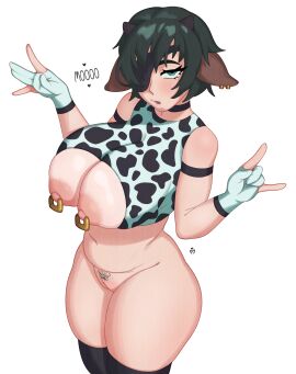 absurd_res big_breasts blush breasts bush chainsaw_man cow_ears cow_girl cow_horns cow_print female female_focus female_only green_eyes green_hair hi_res highres himeno_(chainsaw_man) horns mynstara piercing pubic_hair pussy tagme thick_thighs thighs