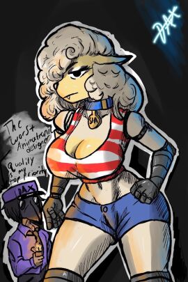 animatronics belly big_breasts breasts cap cleavage collar crop_top dog_collar english_text female jean_shorts lighter long_hair puffy_hair rose_dax rosededax security_guard self_insert sha_(the_walten_files) sheep_girl short_shorts the_walten_files