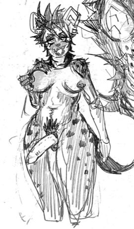 animal_genitalia anthro ass balls big_breasts bodily_fluids breasts canid canine canis ear_piercing erection female fur futanari genital_fluids genitals herm hyena intersex intersex/female looking_at_viewer mammal nipples nude penis piercing solo spotted_hyena tail toxil201