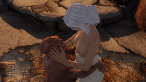 3d ass ass_grab breasts cavalorn13 ciri female light-skinned_female light_skin monster nipples scar the_witcher_(series) the_witcher_3:_wild_hunt towel_only white_hair