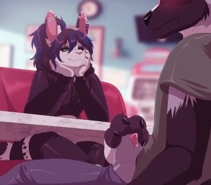 2025 animal_genitalia animal_penis anthro anthro_on_anthro aske_(tsarfox64) black_body black_fur black_hair black_spots blanc_de_hotot blue_highlights blush bodily_fluids bottomwear canid canine canine_genitalia canine_penis claws clothing cropped_hoodie domestic_rabbit duo ear_piercing ear_ring feet femboy foot_fetish foot_play footjob fox fur furniture genital_fluids genitals green_eyes grey_body grey_fur hair hi_res highlights_(coloring) industrial_piercing_ladder inside jayne_doe_(tsarfox64) lagomorph lawkie legwear leporid lgbt_pride male male/male mammal markings nails nonbinary_pride_colors oryctolagus pansexual_pride_colors pants penis piercing ponytail precum pride_color_piercing pride_colors rabbit red_fox restaurant ring_piercing sex sheath shirt shorts silver_fox spots spotted_body stockings table tail teasing thigh_highs topwear true_fox white_body white_fur