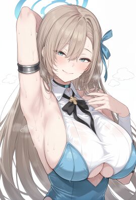 1girls asuna_(blue_archive) blonde_hair blue_archive blue_eyes breasts female huge_breasts long_hair looking_at_viewer presenting_armpit sideboob smile