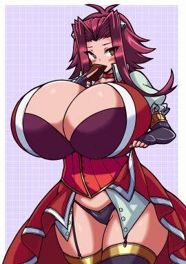 akiza_izinski big_breasts bimbo blush breasts breasts_bigger_than_head breasts_bigger_than_torso bursting_breasts cleavage colored female fluffy2sphere gigantic_breasts huge_breasts hyper_breasts izayoi_aki long_hair looking_at_viewer panties ritax skirt skirt_lift thighhighs tight_clothing yu-gi-oh! yu-gi-oh!_5d's