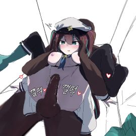 1boy 1girls akoya_matama bottomless bottomless_female breasts censored completely_nude female full_nelson full_nelson_(legs_held) hat imminent_sex loco_musica mahou_shoujo_ni_akogarete male medium_breasts nude nude_male open_clothes penis spread_legs thick_thighs thighhighs thighs