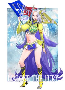 absurd_res blue_eyes blue_hair breasts cameltoe cheerleader cheerleader_uniform contrapposto crop_top female final_fantasy_xiv flag flag_(object) goddess halone head_wings high_heels holding_object huge_breasts lips looking_at_viewer microskirt miniskirt navel ooshima_ryou panties perky_breasts pussy silver_hair skirt standing turtleneck two-tone_hair very_long_hair white_border wholesome