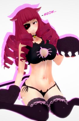 3d blush cat_bra cat_ears cat_lingerie cat_paws dialogue drill_hair female koikatsu light-skinned_female light_skin long_hair looking_away partially_clothed red_hair simple_background sitting solo solo_female solo_focus spiritofrei stella_hoshii text va-11_hall-a