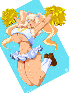 1girls blonde_hair blush breasts cheerleader closed_eyes eyepatch female flower_eyepatch happy huge_breasts itini-sanshi jumping kirakishou kneesocks open_mouth panties rozen_maiden shoes skirt smile socks solo sweat sweatdrop sweaty_body tight_clothing twintails underboob