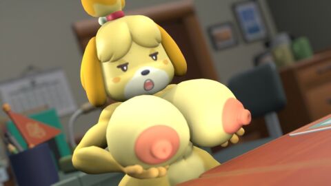 animal_crossing breasts flag furry isabelle_(animal_crossing) naked naked_female nintendo nude touching_breast town_hall