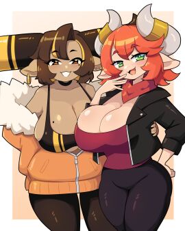 2girls bandana big_breasts big_horns breasts brown_eyes brown_hair cleavage clothing commission cow_ears cow_horns dark-skinned_female dark_skin draph draph_race_(granblue_fantasy) earrings female female_only freckles granblue_fantasy green_eyes hi_res horn_ring horns j5daigada looking_at_viewer mole mole_on_breast ophelia_(discreettemplar) orange_hair original original_character pica_(daigada) sideboob smiling smiling_at_viewer smug smug_face thick_thighs