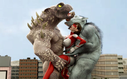 1girls 2boys 3d alien alien_girl alien_humanoid breasts building building_destruction building_sex city cum cum_in_pussy cum_inside female female_penetrated heroine human losing losing_fight male pussy tight_clothing ultraman_(franchise) ultrawoman ultrawoman_katia