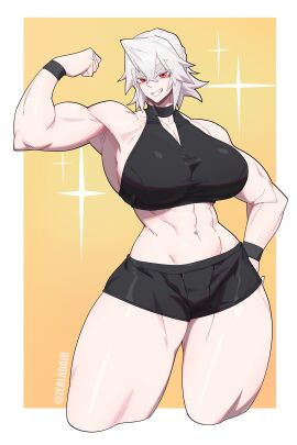 1girls abs absurd_res artist_name breasts dalen_zeal female flexing hi_res huge_breasts muscular muscular_female navel original red_eyes simple_background solo sports_bra thick_eyebrows thick_thighs variant_set watermark white_hair zealadair