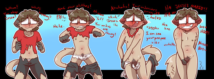 1boy covering dissolving_clothes embarrassed jesse_(tethyss) male mistersaturn123 non-human non-human_only nude penis skinny small_penis_humiliation tagme toony