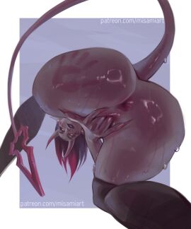 1girls anus artist_name borrowed_character demon demon_girl fandeltales female female_only handprint handprint_on_ass herzha horns low-angle_view masturbation misami patreon_username purple_skin pussy red_sclera solo spank_marks tail vaginal_masturbation yellow_eyes