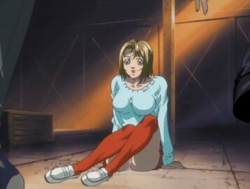 00s 2002 3boys animated ass bible_black bible_black_gaiden blonde_hair blue_eyes breasts female kitami_reika large_breasts lowres male multiple_boys multiple_males panties pink_panties red_skirt red_socks short_hair skirt sweater tagme warehouse white_shoe