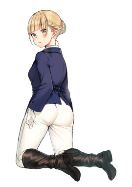 1girls ass bad_id bad_twitter_id black_boots blonde_hair blue_jacket blush boots braid commentary_request female from_behind full_body gloves green_eyes hair_bun jacket knee_boots kneeling long_sleeves looking_at_viewer looking_back midorikawa_you original pants parted_lips riding_boots riding_outfit shoe_soles simple_background single_hair_bun solo white_background white_gloves white_pants