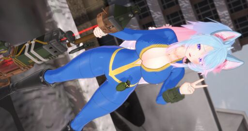 1girls 3d ass big_ass blue_eyes blue_hair blue_nails boots breasts cleavage deluxe_rosie fallout female female_only flower flower_in_hair grenade hips holding_weapon hourglass_figure huge_breasts indie_virtual_youtuber light-skinned_female light_skin lipstick long_hair looking_at_viewer multicolored_hair no_artist_signature outdoors peace_sign pink_hair ponytail silvervale skin_tight skinsuit smile solo solo_female standing tail thick_thighs thighs thin_waist tight_clothing virtual_youtuber weapon wide_hips wolf_ears wolf_girl wolf_tail