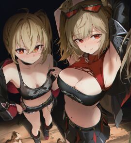 2girls armpits arms_up belt black_belt black_footwear black_jacket black_shorts black_skirt black_tube_top blonde_hair blush breasts burnice_white cleavage crop_top eyewear_on_head female from_above hand_on_own_hip highres jacket looking_at_viewer luciana_de_montefio multiple_females multiple_girls re0n red-tinted_eyewear red_eyes shorts side_ponytail single_off_shoulder skirt smile spiked_belt strapless tinted_eyewear tube_top two_side_up zenless_zone_zero