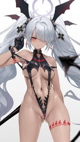 athletic blue_archive breasts cleft_of_venus cross dishwasher1910 female female_only furrowed_brow gehenna_academy_student gloves iori_(blue_archive) medium_breasts prefect_team_(blue_archive) pussy revealing_clothes skimpy skimpy_armor skimpy_bikini skimpy_clothes skinny skull slingshot_swimsuit spiked_bracelet tattoo tattoo_on_legs