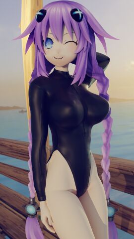 1girls 3d arm_behind_head beach big_breasts breasts busty confident female female_only large_breasts long_hair looking_at_viewer neptune_(neptunia) neptunia_(series) ocean one_eye_closed open_mouth pose posing purple_hair purple_heart_(neptunia) sensual smile swimsuit twin_braids voluptuous water wink