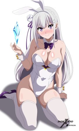 1girls bare_shoulders blush breasts bunny_ears bunnysuit cleavage elf elf_ears elf_female elf_girl emilia_(re:zero) female hips indexryo looking_at_viewer on_floor purple_eyes re:zero_kara_hajimeru_isekai_seikatsu ribbon silver_hair sitting smile smiling_at_viewer solo thick_thighs thighhighs thighs white_background