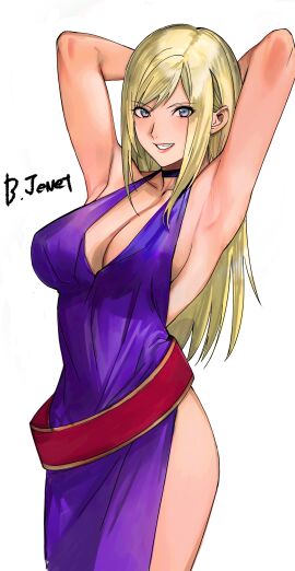 1girls armpits arms_behind_head b._jenet backless_dress backless_outfit belt big_breasts blonde_hair breasts busty choker cleavage confident dress fatal_fury female female_only garou:_mark_of_the_wolves grin highres king_of_fighters large_breasts legs long_hair looking_at_viewer pose posing purple_dress sensual sexy_armpits sideboob smile snk solo teeth thighs