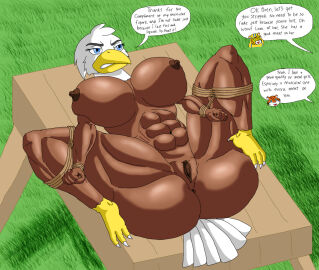 3_toes 5_fingers accipitrid accipitriform angry anthro ass avian avian_feet bald_eagle beak big_breasts bird black_eyebrows blue_eyes bondage breasts brown_anus brown_nipples brown_pussy cookingart eagle english_text eyebrows feathers feet female fingers furniture genitals grass muscular muscular_anthro muscular_female nipples non-mammal_nipples offscreen_character outside plant pussy rope sea_eagle shaded solo table tail tail_feathers talons text toes white_talons yellow_beak
