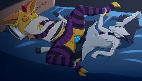 abra absurd_res animal_genitalia animal_penis anthro balls bodily_fluids bottomwear braixen canid canine canine_genitalia canine_penis closed_eyes clothing cum cum_in_vagina cum_inside digital_media_(artwork) duo erection female female_penetrated footwear genital_fluids genitals hi_res inner_ear_fluff knot legwear lying male male/female male_penetrating male_penetrating_female mammal nintendo penetration penile penile_penetration penis penis_in_vagina pokemon pokemon_(species) pokémon_(species) priscilla_(donut) pussy redeye sex skirt sleep_sex sleeping stockings tail thigh_highs tuft vaginal_penetration