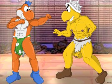 2boys anthro armor balls balls_outline big_balls big_nipples big_penis blue_body boots bulge ciel-wolf clothing detailed_bulge dinosaur dragon duo fighting_pose fighting_ring flaccid footwear furry furry_male furry_only genital_outline genitals headgear helmet hi_res ineffective_clothing ineffective_loincloth jr_troopa koopa koopa_troopa male male/male mario_(series) muscular muscular_anthro muscular_male mythological_creature mythological_scalie mythology nintendo nipples orange_yoshi paper_mario paper_mario:_the_thousand_year_door penis penis_outline pose prehistoric prehistoric_species reptile scalie shoes teeth the_great_gonzales_jr thong tortoise turtle underwear white_eyes yellow_body yoshi
