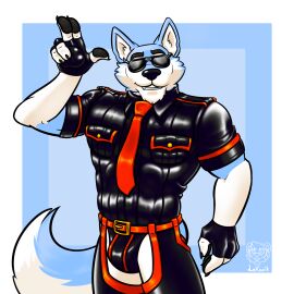 abs anthro armband balls biceps big_pecs black_nose blue_body blue_fur bulge canid canine canis chaps clothing eyewear front_view fur genitals gloves handwear hi_res jockstrap latex leather leather_clothing lekazik looking_at_viewer male male_focus mammal muscular muscular_anthro muscular_male nipples pecs simple_background solo standing sunglasses teeth underwear white_body white_fur