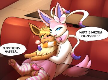 chastity_cage chastity_device crossdressing crossdressing_(mtf) crossdressing_male crown eevee eeveelution english_dialogue english_text female femboy feral gay gay_anal gay_male gay_sex homosexual homosexual_male homosexual_sex indoors male/male male_only male_penetrated male_penetrating male_penetrating_male nintendo pink_chastity_cage pink_clothing pink_skirt pokemon pokemon_(species) pokémon_(species) precum restaurant ribbons_(anatomy) scarf striped_socks sylveon table tagme text text_bubble tom_the_eevee_(freaksman99) unknown_artist x-ray_view
