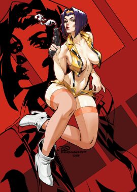 1girls barely_clothed barely_contained blowing breasts cat_walk cleavage clothed clothing cowboy_bebop crop_top faye_valentine female female_only fit fit_female gun hair_ornament hairband headband heels high_heels hourglass_figure human large_breasts light-skinned_female light_skin medium_breasts midriff navel pale-skinned_female pale_skin pixiepowderpuff purple_hair red_background short_hair short_shorts short_shortsewd smoke smoking_gun stockings thighs toned toned_female unbuttoned_shirt