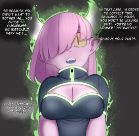 1boy 1girls 2024 2d 2d_(artwork) bottom_heavy clothed clothed_female clothing comet_(vammzu) comic english english_text female female_focus femdom hair_over_one_eye horned_humanoid horns huge_ass humanoid imminent_sex male male/female original original_character pink_body pink_hair pink_skin shortstack text vammzu