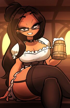 barmaid beer beer_mug big_breasts breasts dark_skin female garter_straps glasses jek_korpen latina seductive seductive_look sensual tagme tagme_(character) thick_thighs thighhighs thighs twistingtoxic